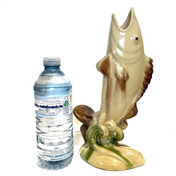 Vintage Leaping Fish Ceramic Vase 10 Inch Crazing Marked H 54 Beige Brown Asian - Picture 7 of 12